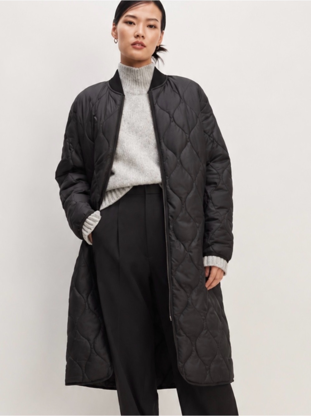 NWOT Everlane The ReNew Long Liner charcoal Black jacket coat quilted Small